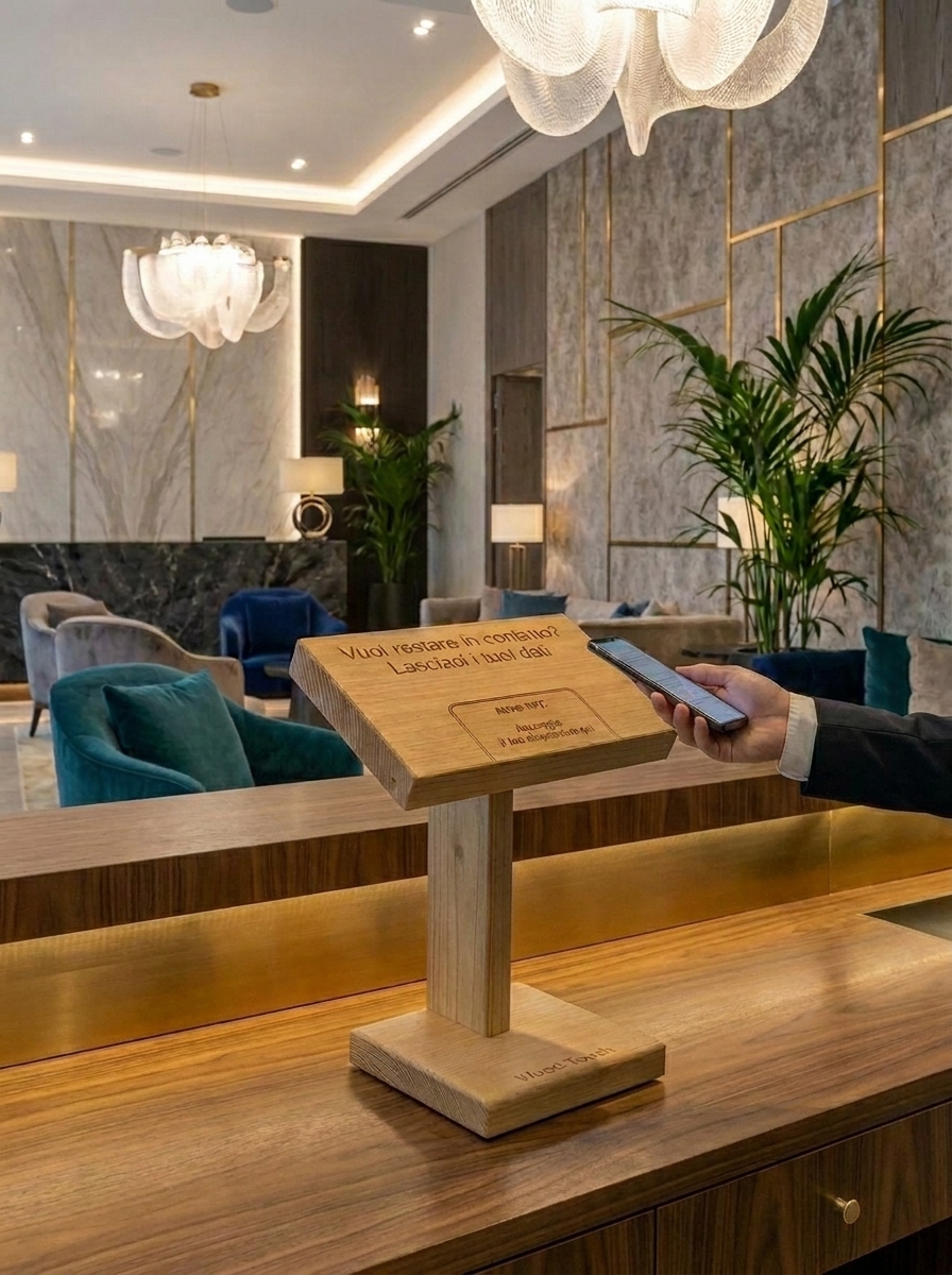 Totem NFC da banco Wood·Touch in hotel