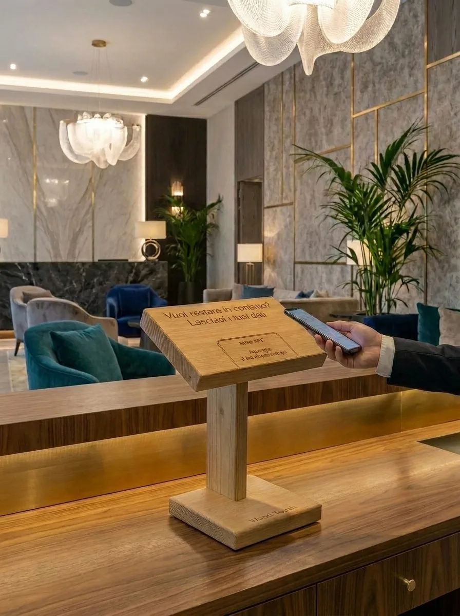 Totem NFC da banco Wood·Touch in hotel
