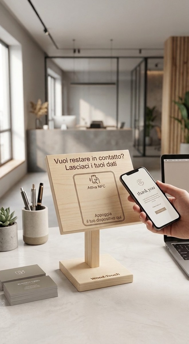 Totem NFC Wood-Touch per reception e fiere